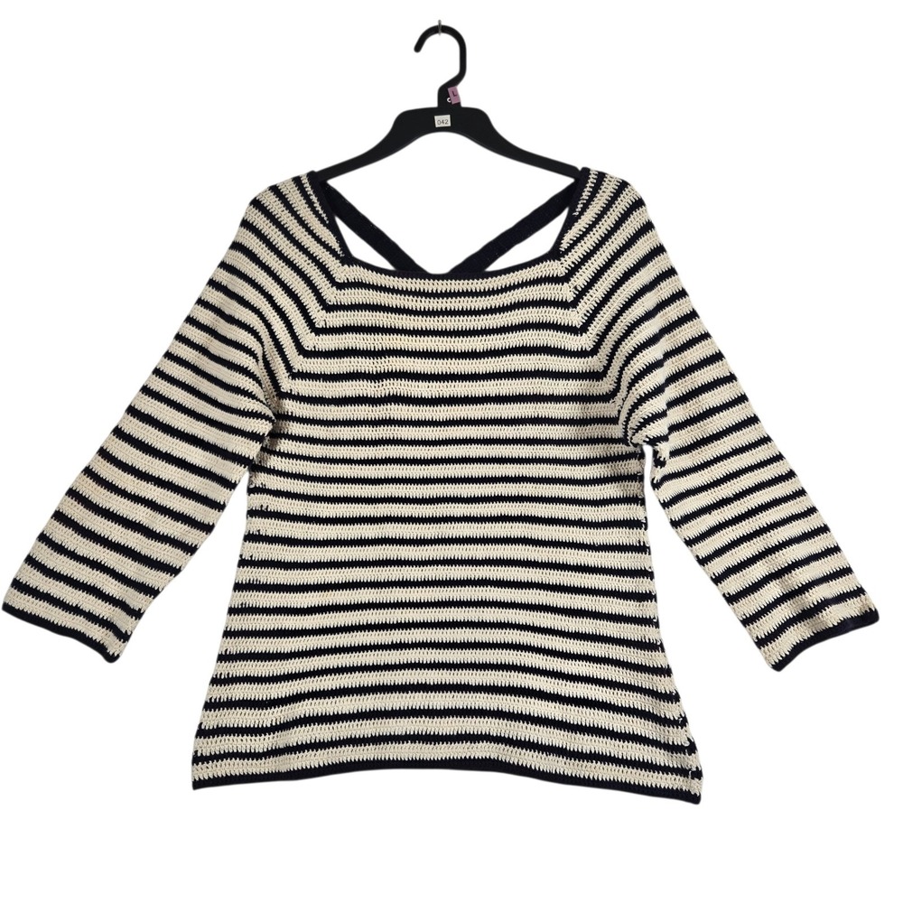 Lauren Moffatt Anthropologie Sweater Womens Medium Blue Striped Criss Cross Back
